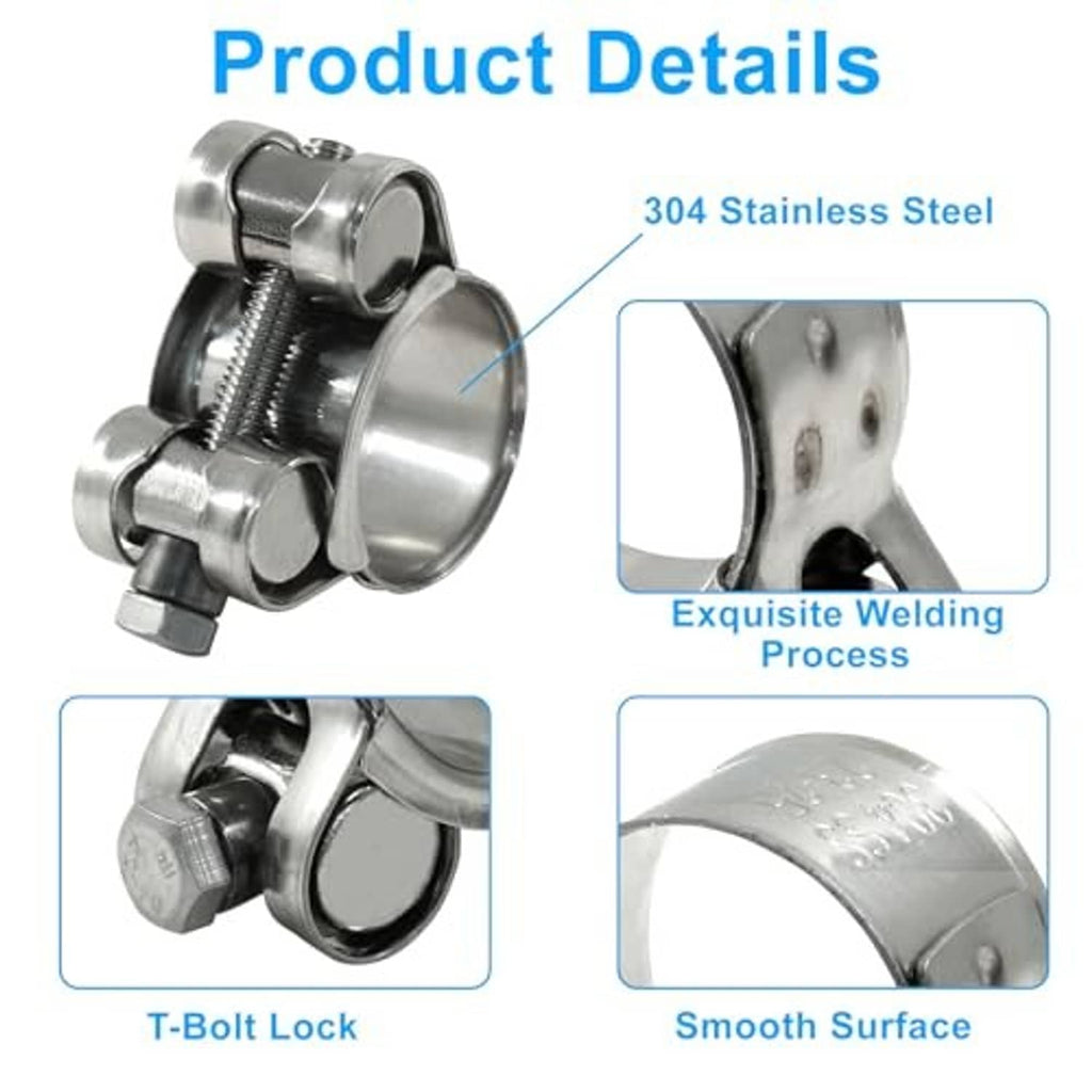 Stainless steel T-bolt hose clamp with smooth metal surface and locking bolt