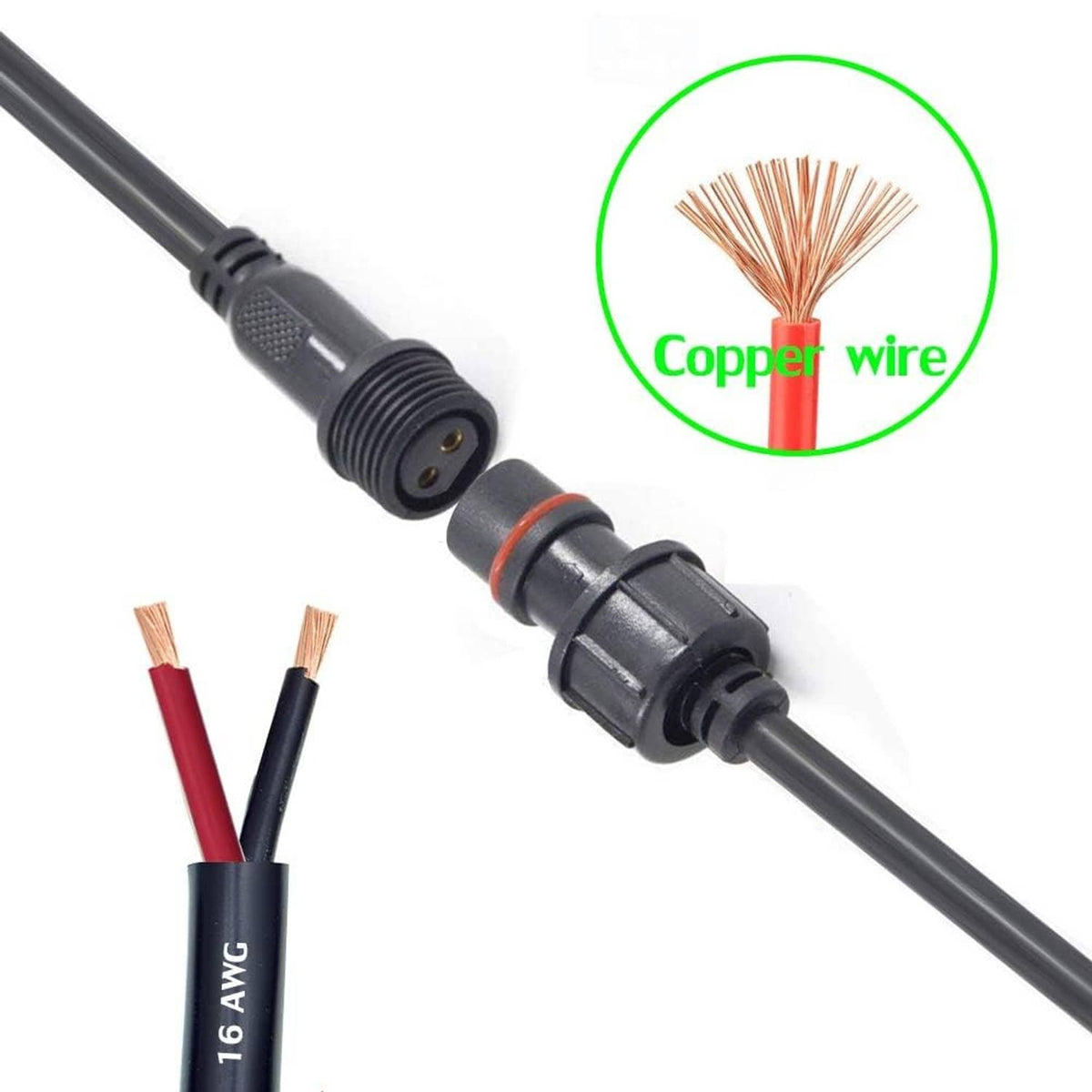 Waterproof 2-pin connector with exposed 16 AWG copper wire ends and black cable