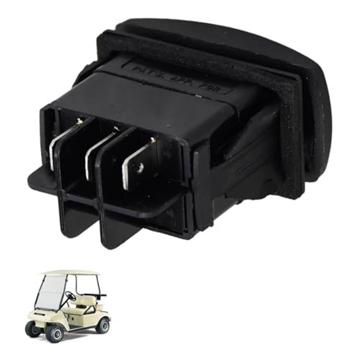 Black forward/reverse rocker switch with exposed multi-pin terminals and mounting tabs