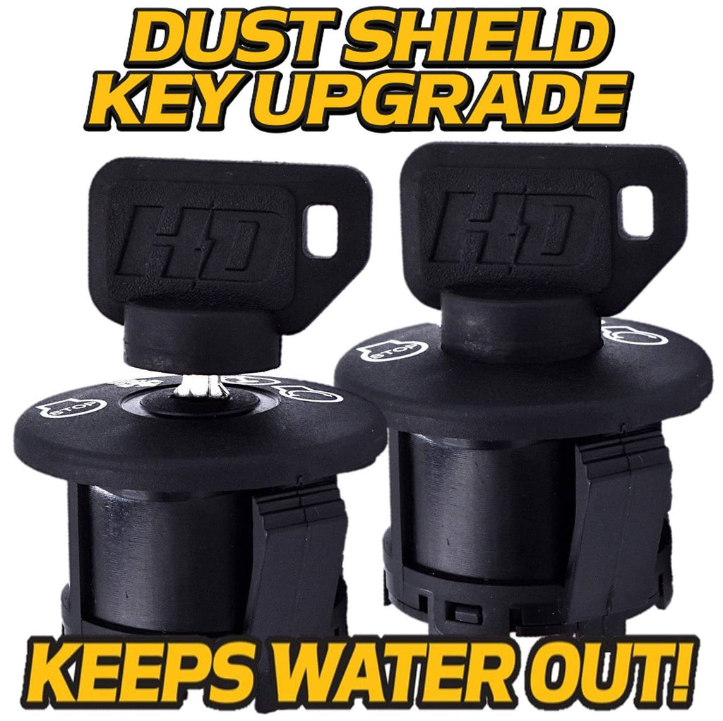 Black 4-position ignition key switch with textured dust cover and two key protectors