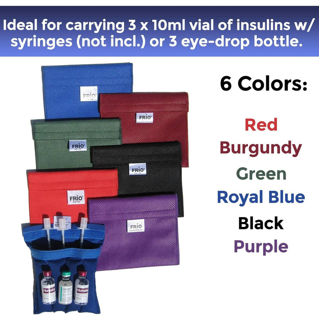 FRIO cooling wallet set in six colors with vials and blue carry pouch