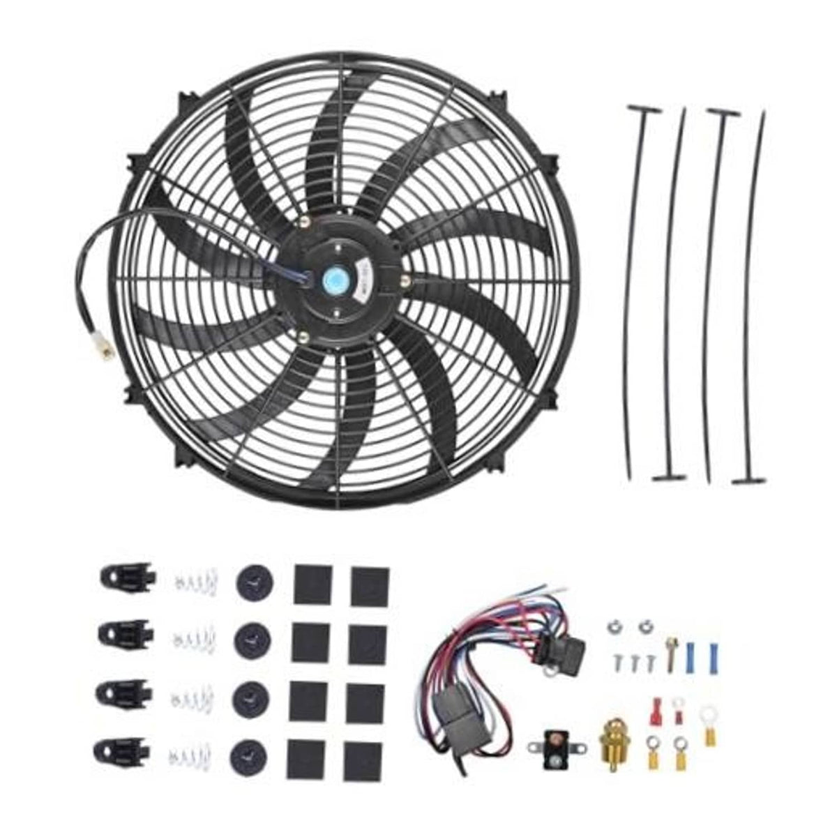 16-inch black radiator cooling fan kit with thermostat wiring harness and brackets