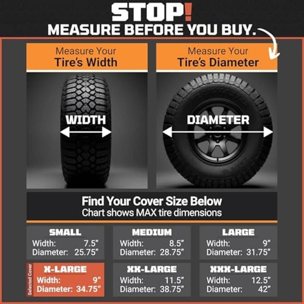 Tire cover size chart showing tire width and diameter for X-Large