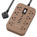 Brown wooden power strip with 8 AC outlets and multiple USB ports, flat plug design