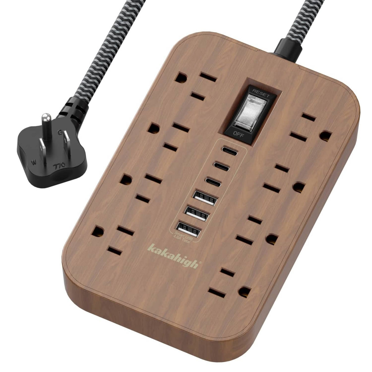 Brown wooden power strip with 8 AC outlets and multiple USB ports, flat plug design