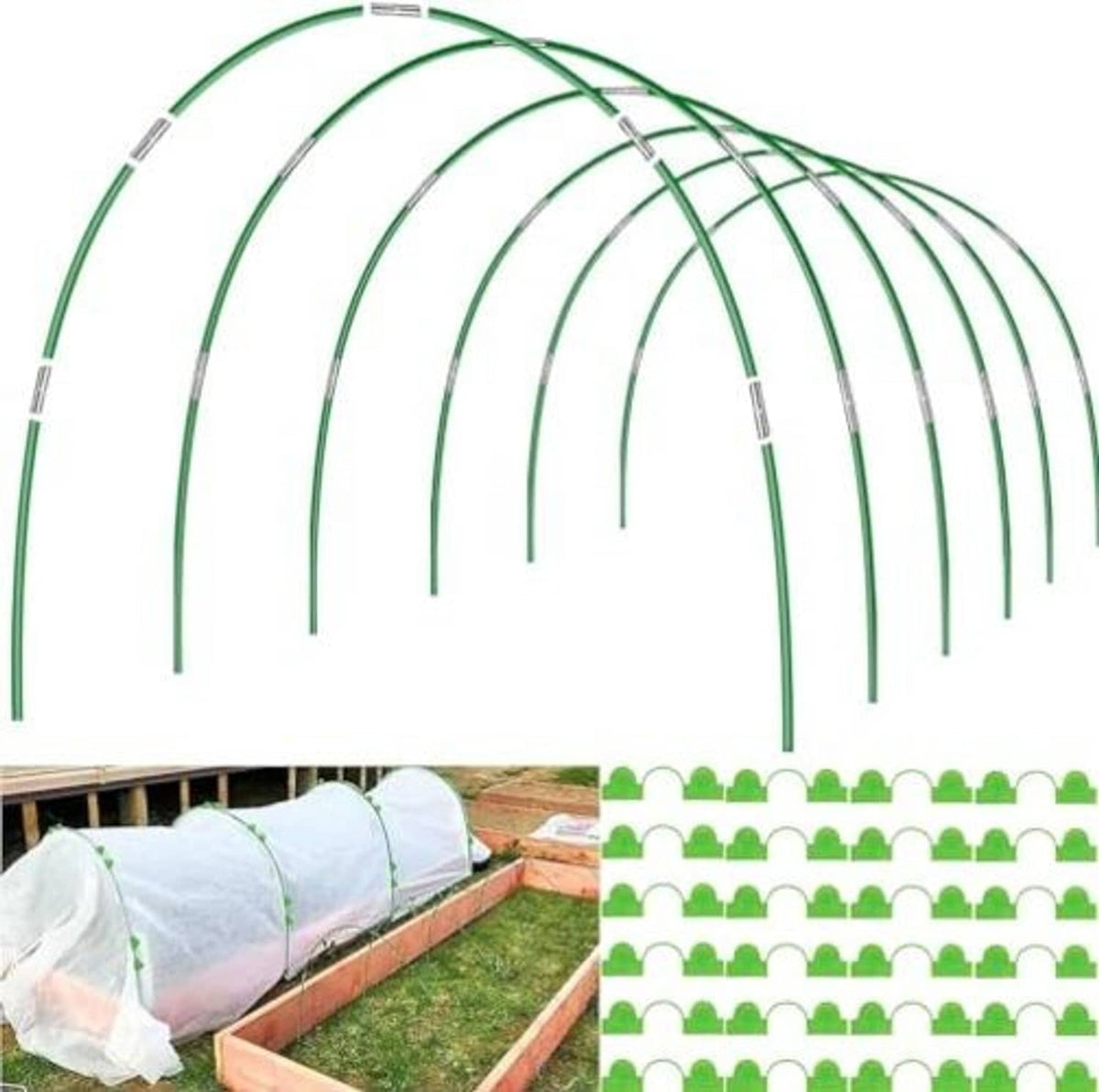 Green arched grow tunnel hoops for raised beds, shown with a greenhouse cover frame