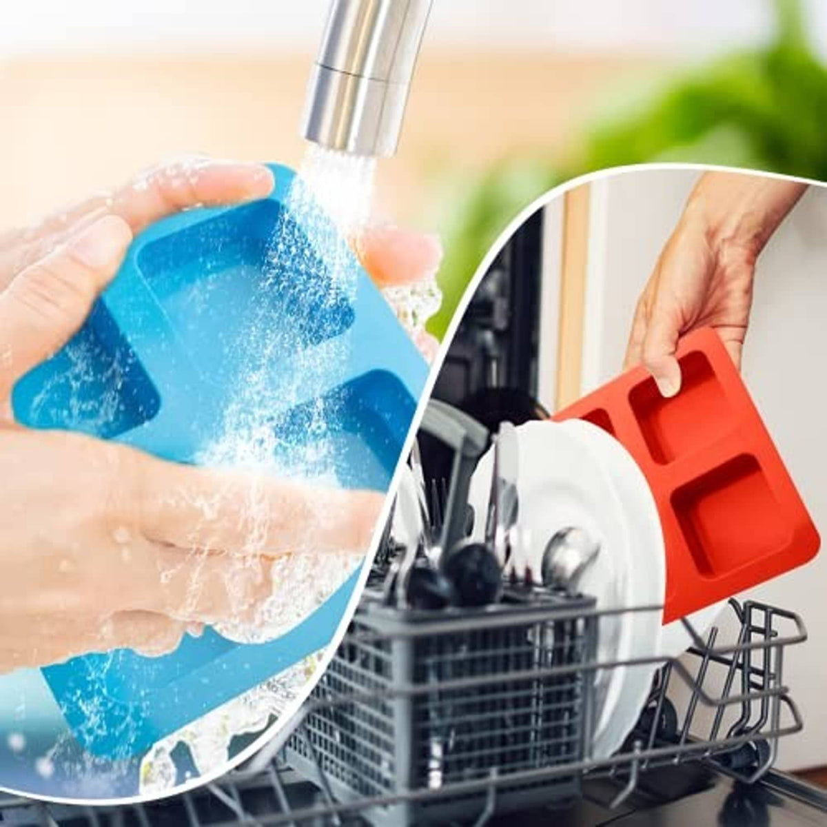 Silicone brownie baking molds rinsed and placed in a dishwasher rack for cleaning