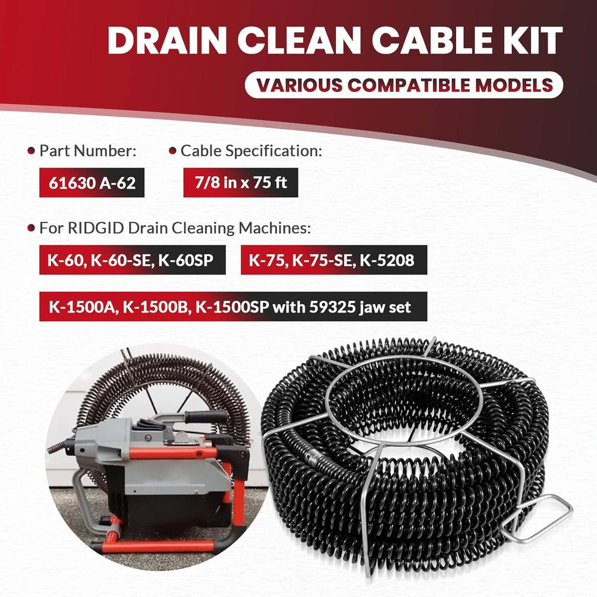 Drain clean cable kit with coiled black cable and metal coupler ends