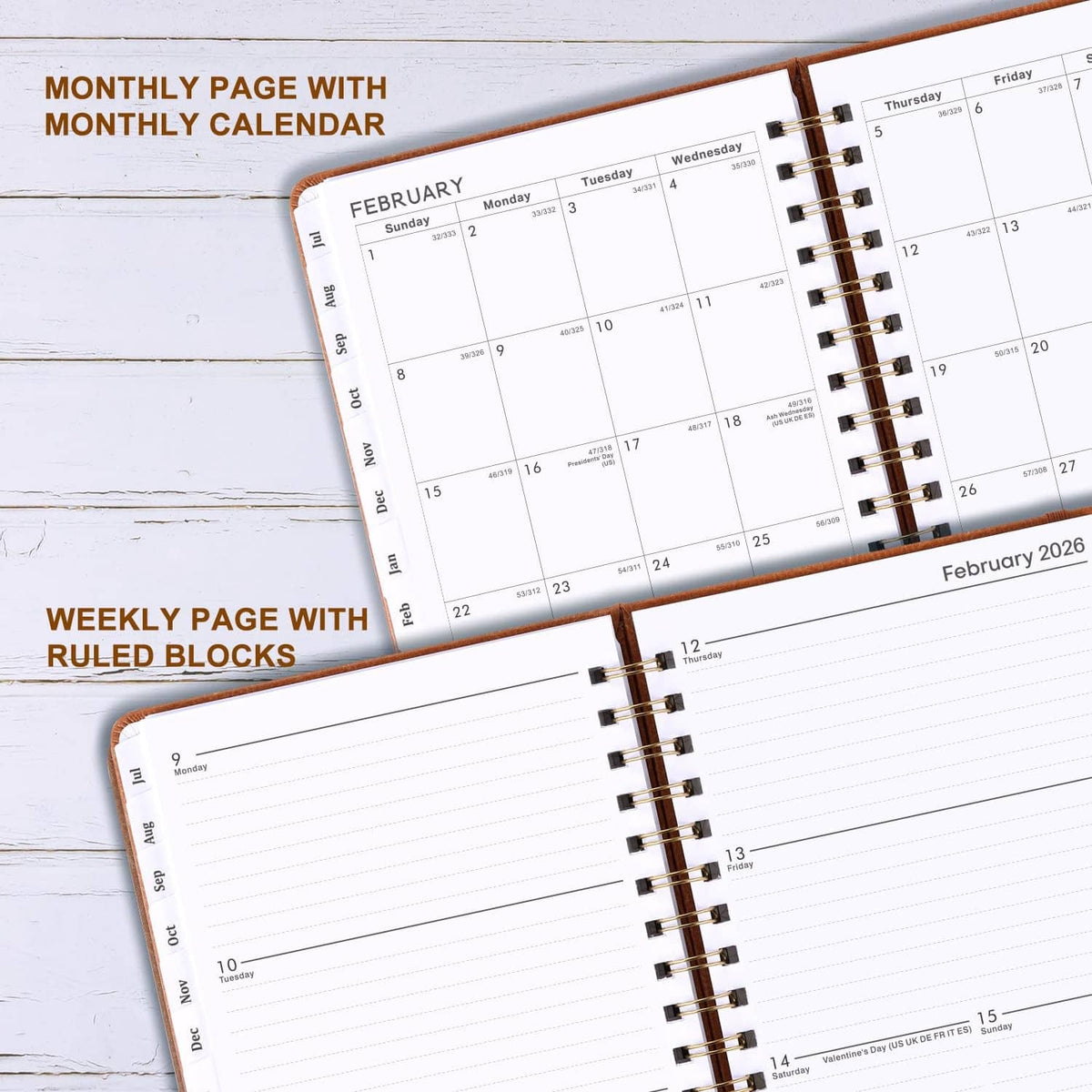 Open twin-wire planner showing monthly calendar and weekly ruled block pages.