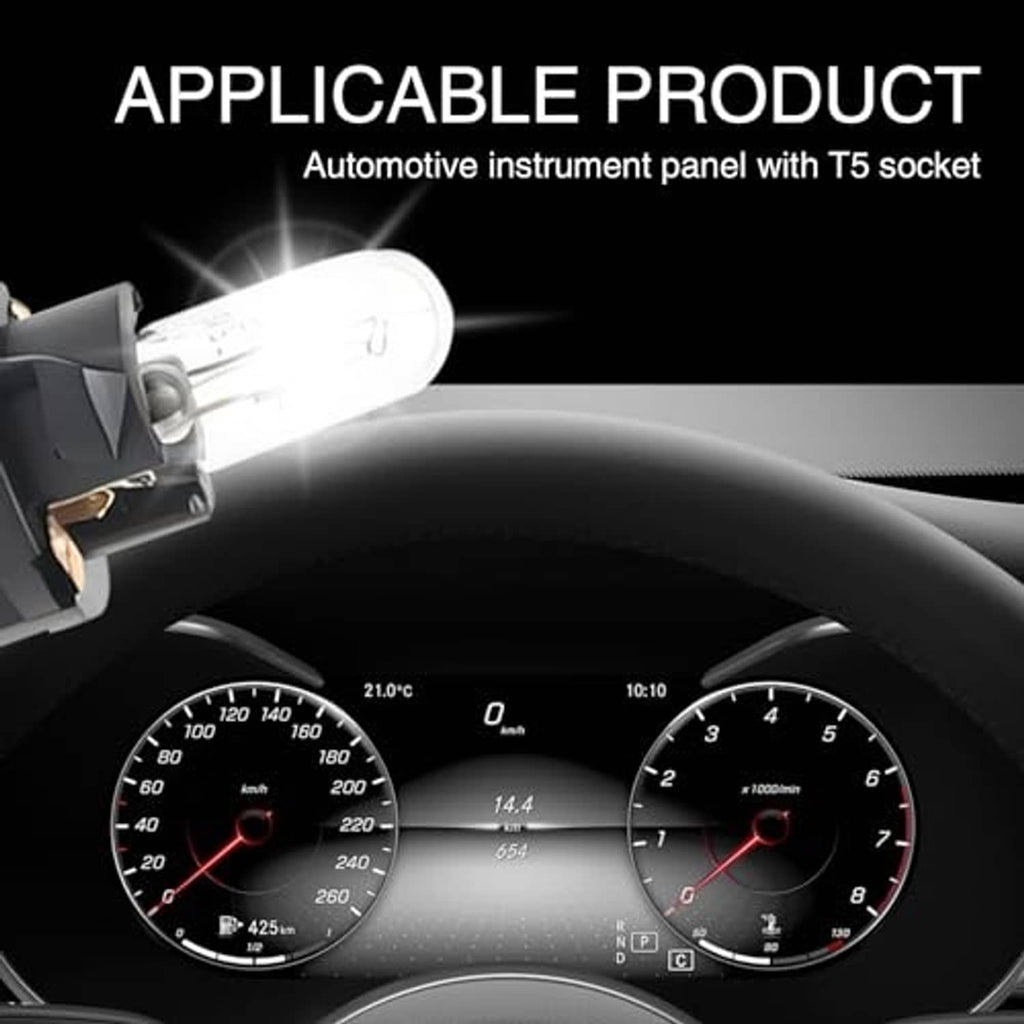 T5 instrument bulb installed near car dashboard gauge cluster, clear glass and black base