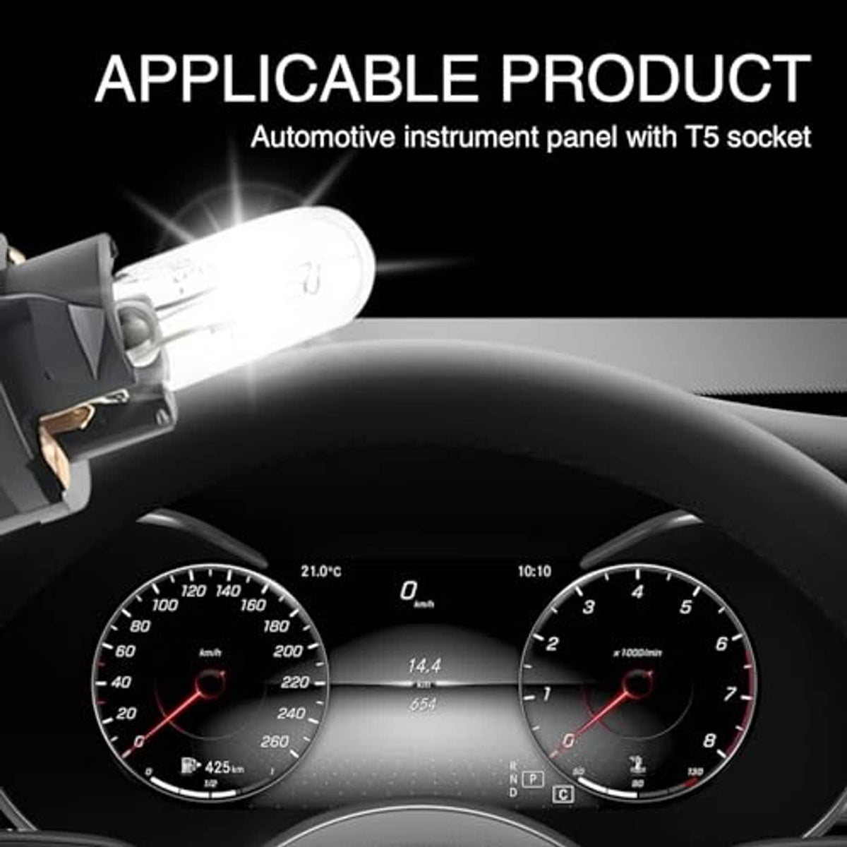 T5 instrument bulb installed near car dashboard gauge cluster, clear glass and black base