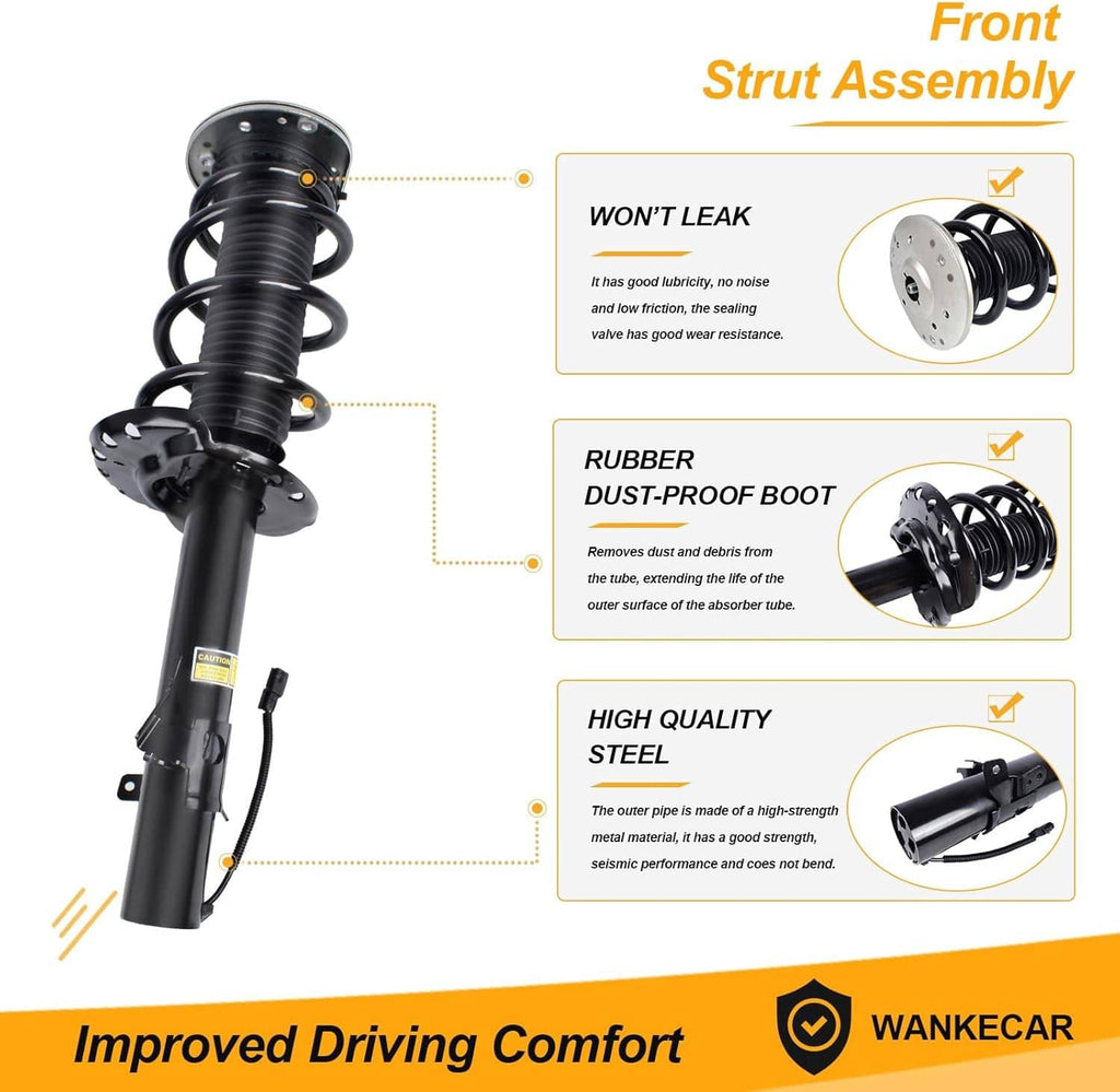 Front strut assembly with black coil spring and shock body, round top mount plate