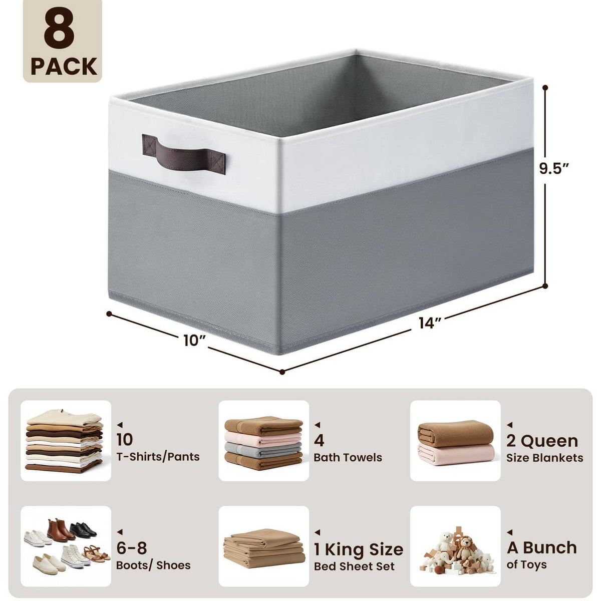 Rectangular storage bin with dark handle, white frame and gray interior, open top