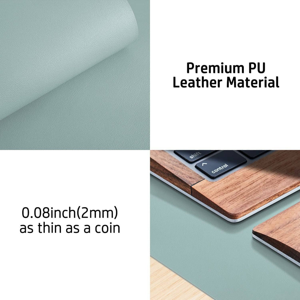 Light blue leather-look desk pad material with thin edge and textured surface