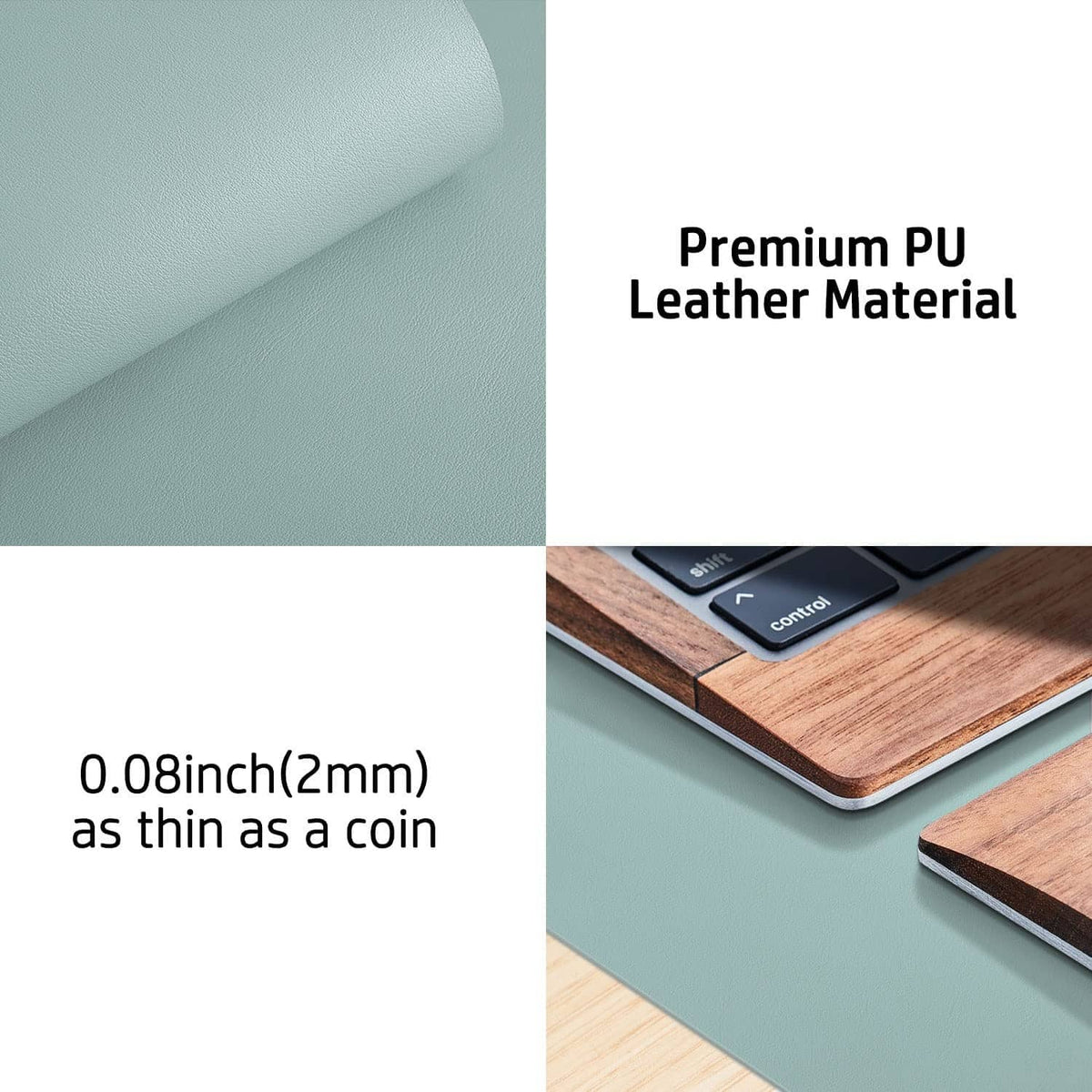 Light blue leather-look desk pad material with thin edge and textured surface