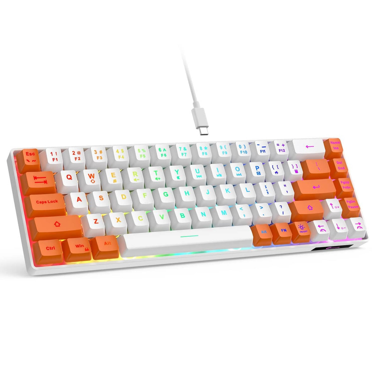 White and orange 65% wired mini keyboard with multi-color LED backlighting