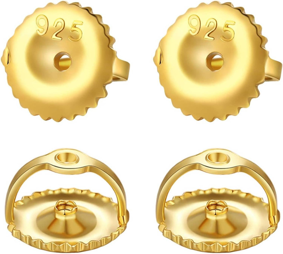 Gold-tone 925 screw earring backs with ridged edges and small hole, pair