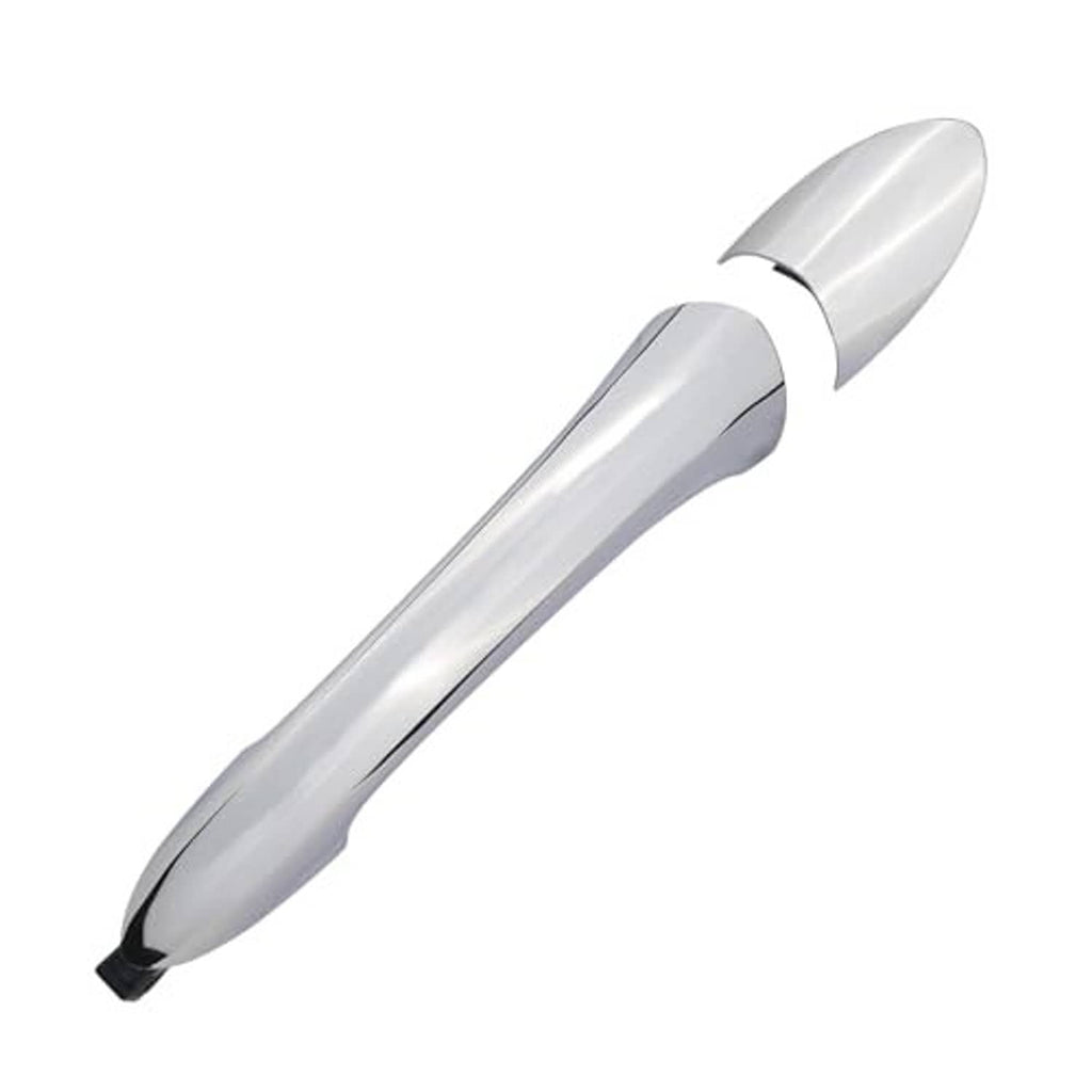 Glossy chrome exterior door handle, passenger side front-right, angled view