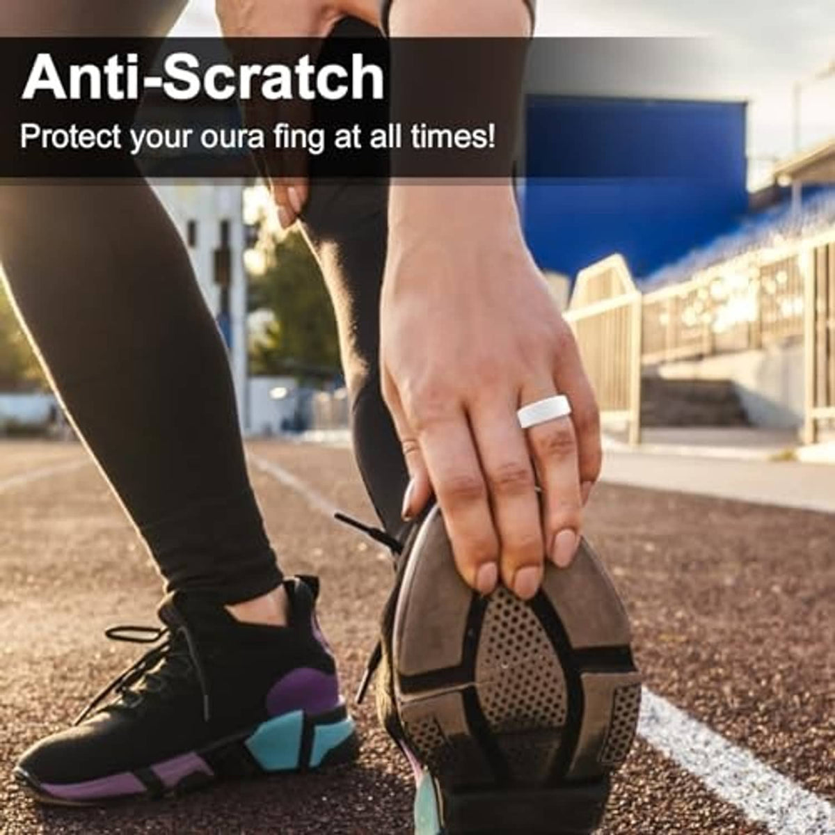 Black silicone Oura ring protector case on hand