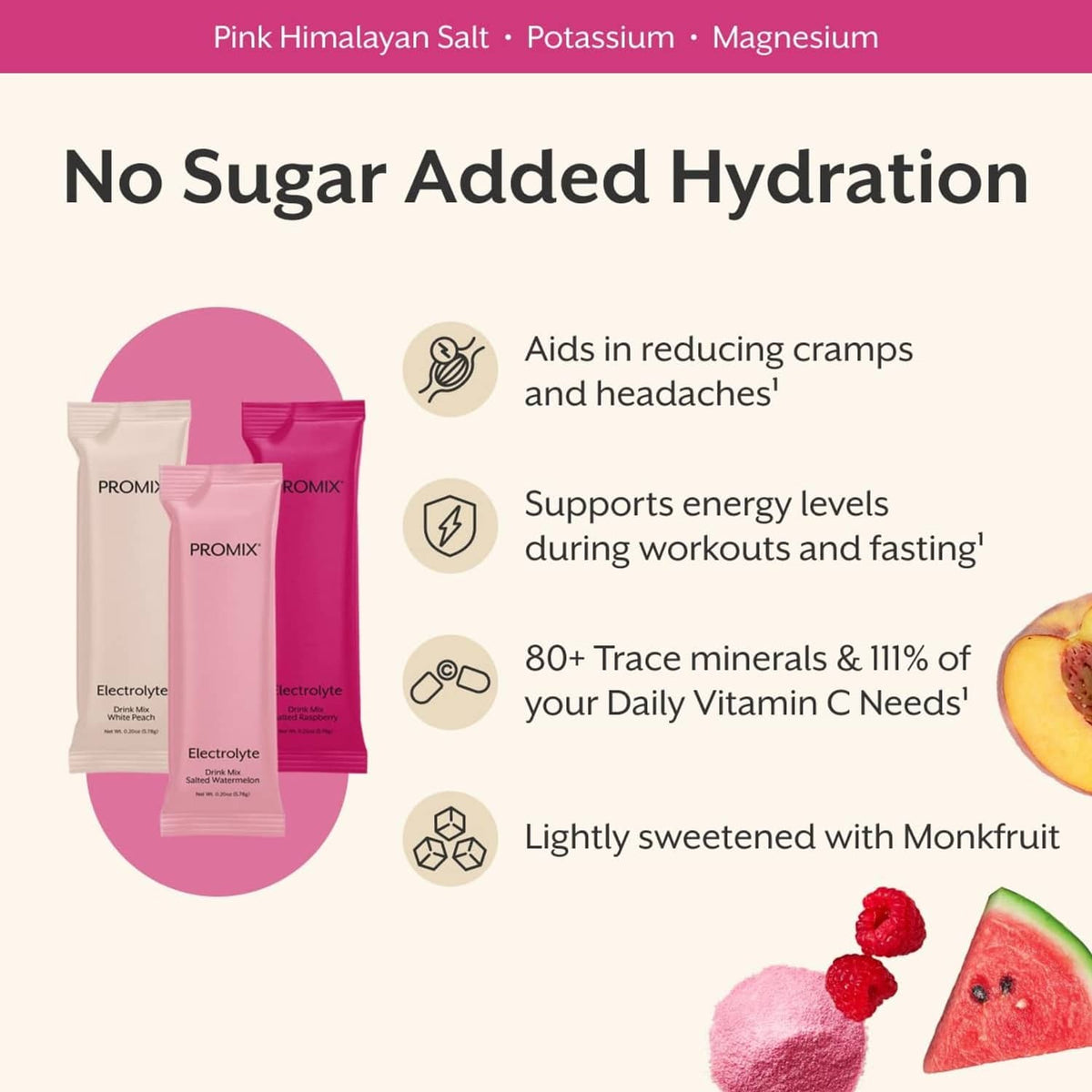No-sugar electrolyte hydration packets with pink and magenta sachets