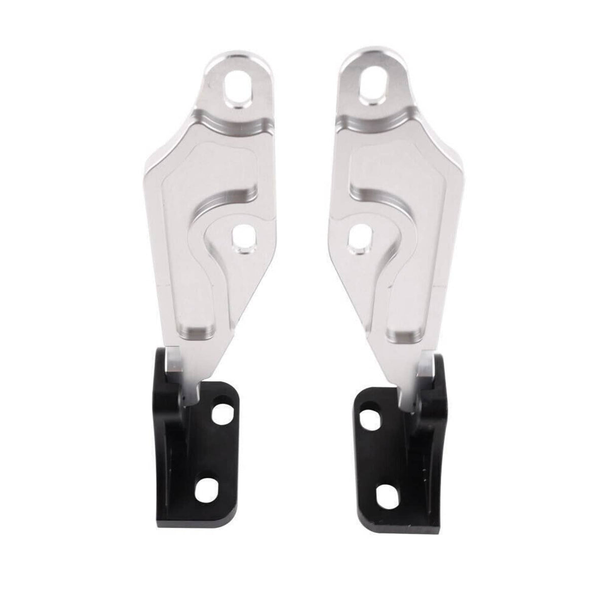 Hood quick release hinge latch pair, silver metal brackets with black mounting blocks
