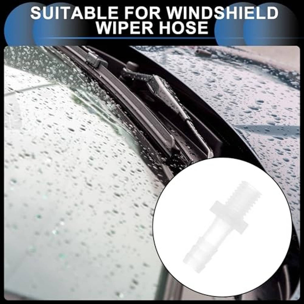 White plastic hose barb adapter detail inset connected to windshield wiper hose