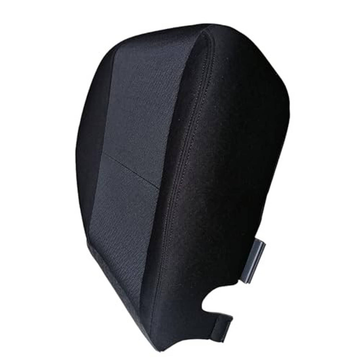 Black cloth bottom seat cover corner view with stitched seam and mounting slot openings.