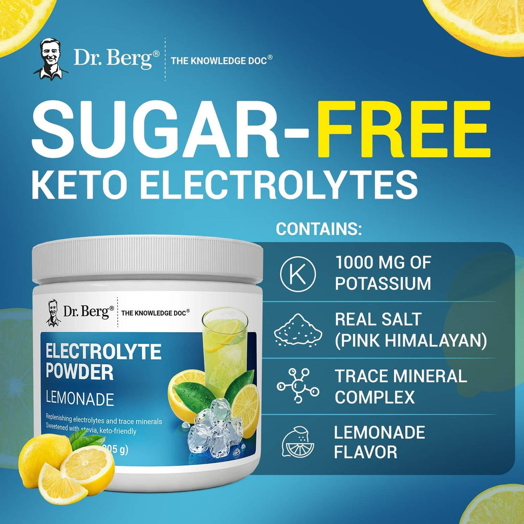 Dr. Berg sugar-free keto electrolytes jar with potassium, real salt, and icons
