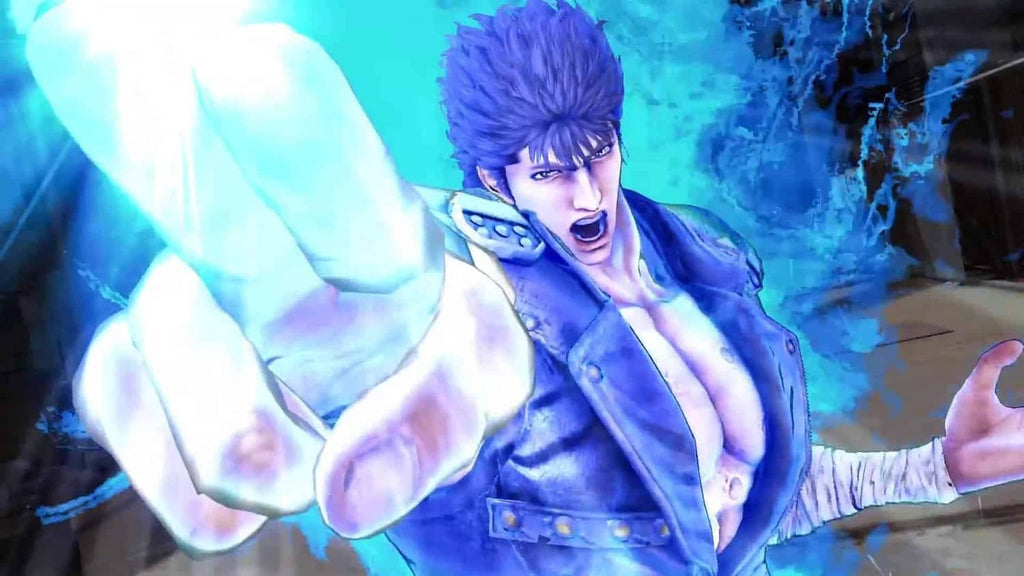 Action gameplay close-up of spiky-haired fighter with blue energy effects
