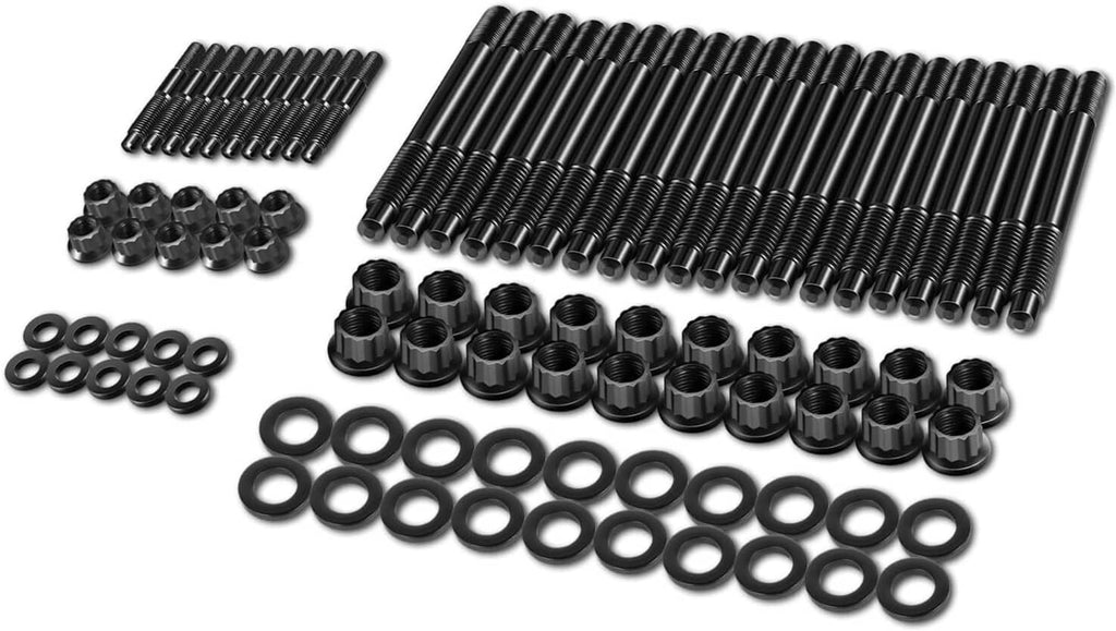 Black cylinder head stud hardware kit with bundled studs, nuts, and ring washers
