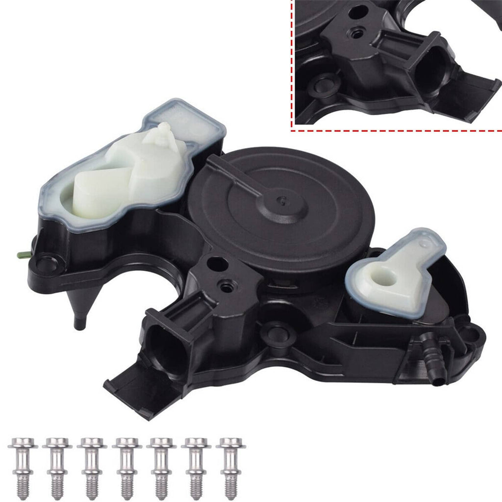 Oil separator valve assembly with black housing and light-blue translucent reservoirs