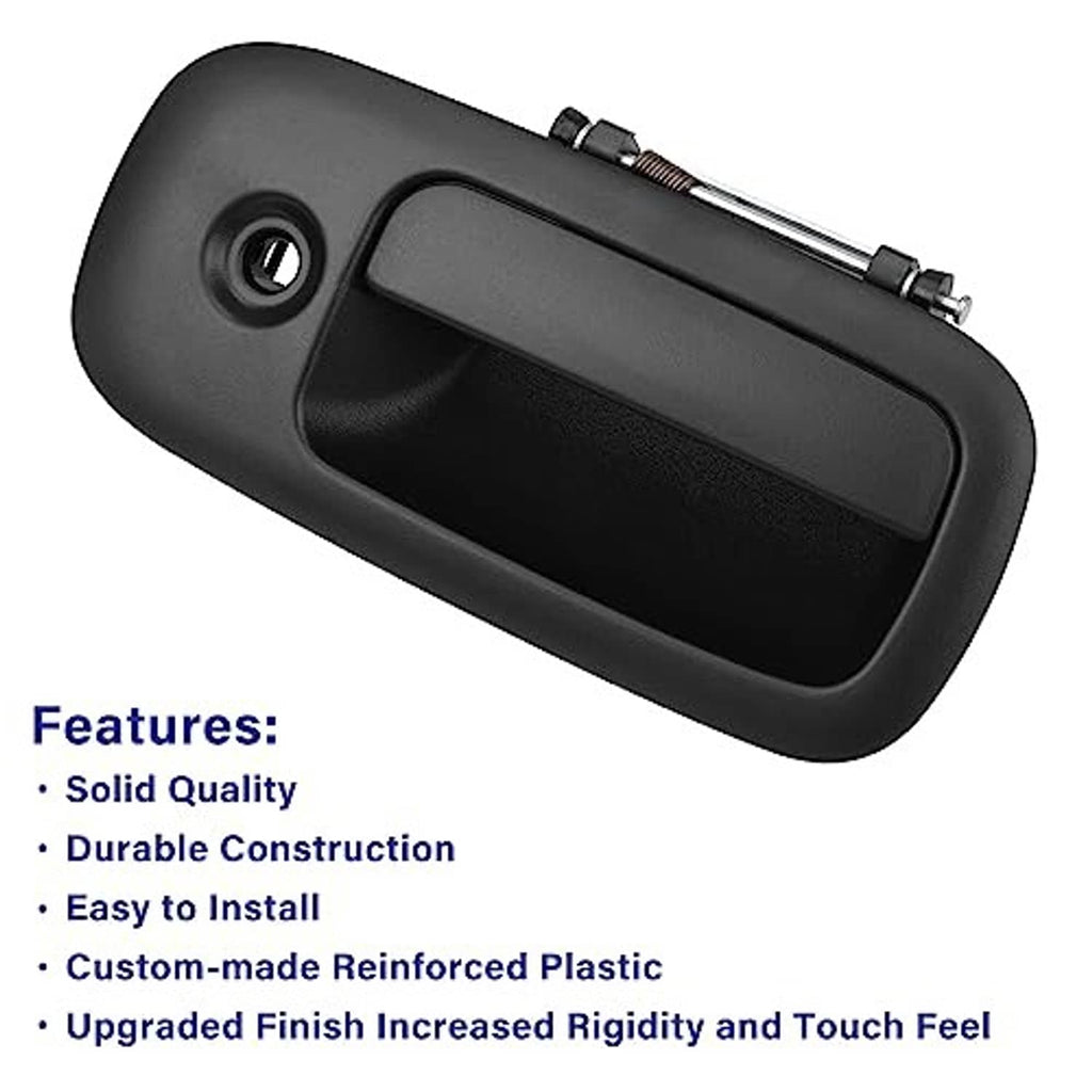 Exterior door handle with textured grip recess and round key lock opening on dark housing.