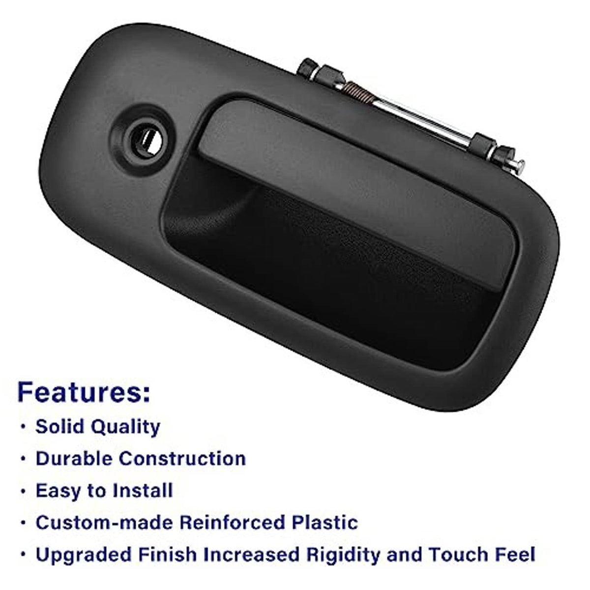 Exterior door handle with textured grip recess and round key lock opening on dark housing.
