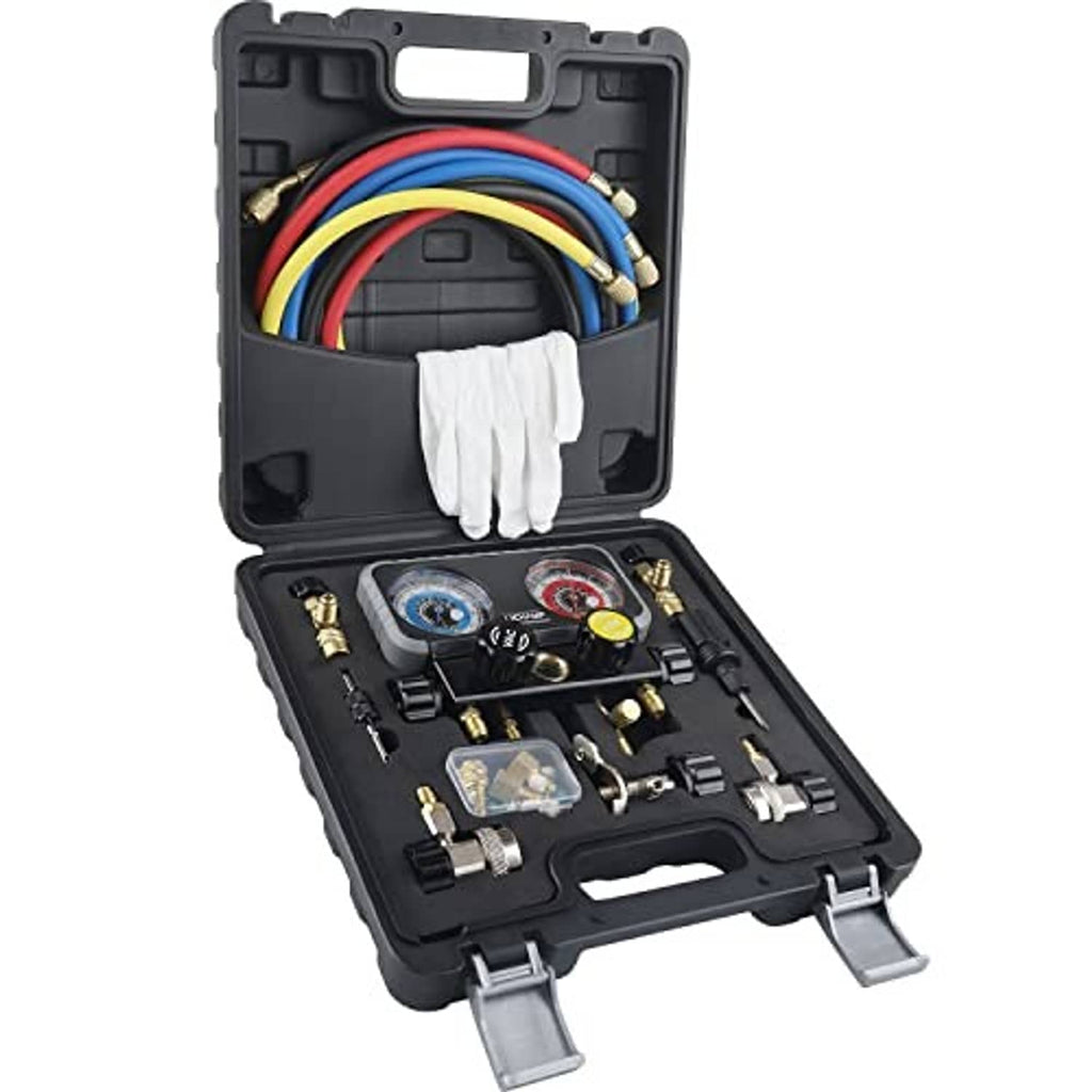 HVAC manifold gauge set kit in open case with dual gauges and brass service valves