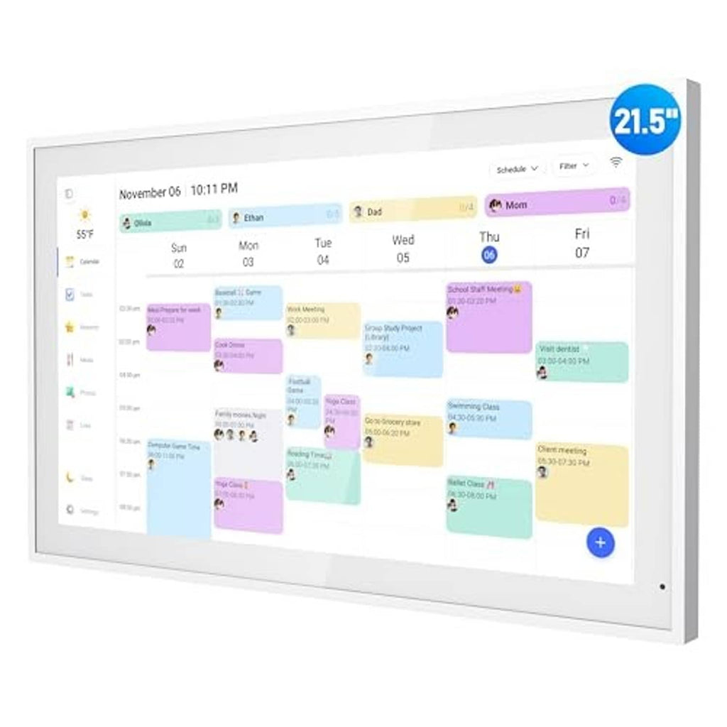 Smart digital chore chart display, 21.5-inch front view with schedule and filter buttons