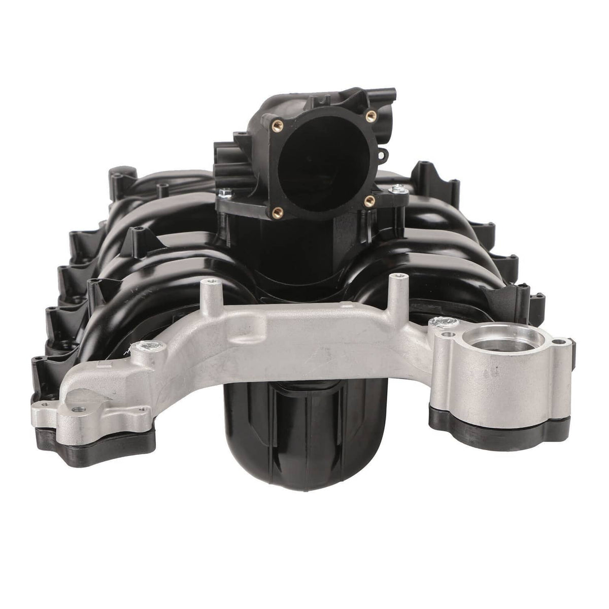 Engine intake manifold with large round inlet, black body and silver mounting brackets