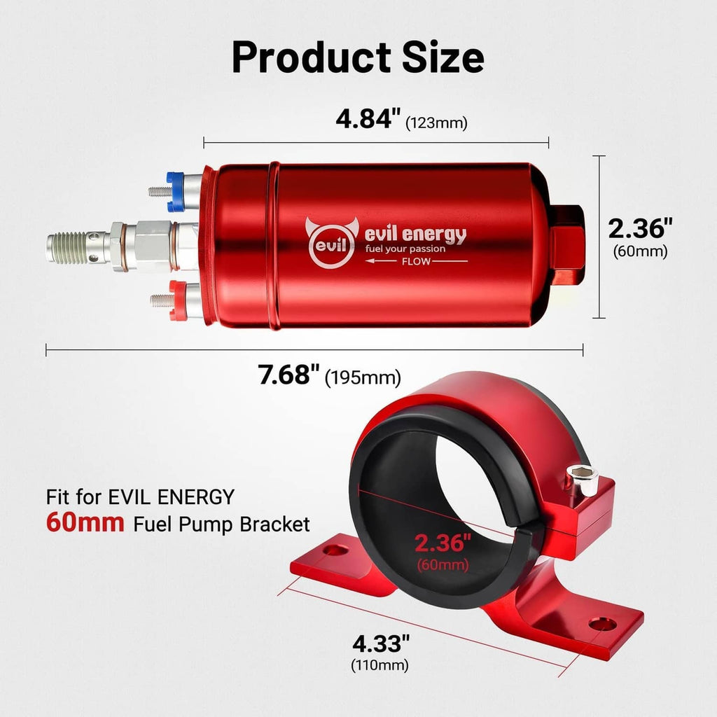 Red inline electric fuel pump with size diagram and 60mm pump bracket cradle