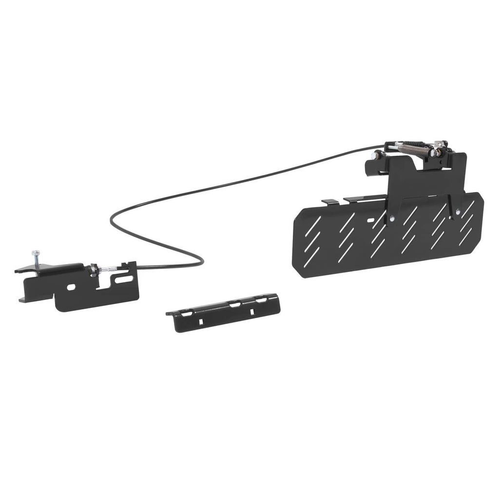 Mower chute blocker kit exploded view with black shield panel, brackets, and long cable