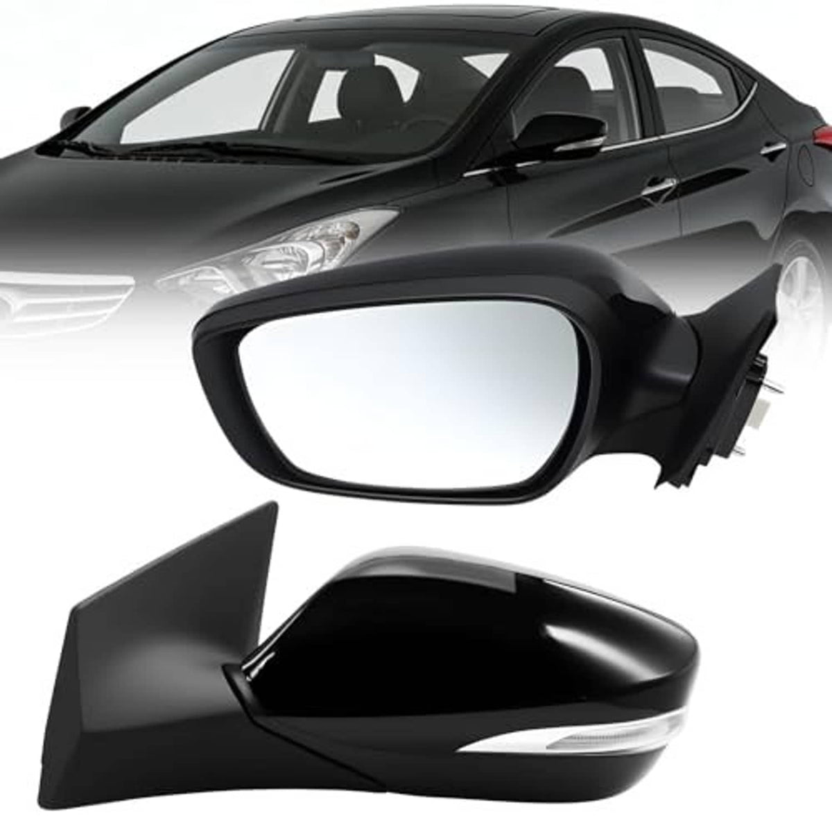 Left driver-side mirror assembly with black housing, clear mirror glass, and indicator light.