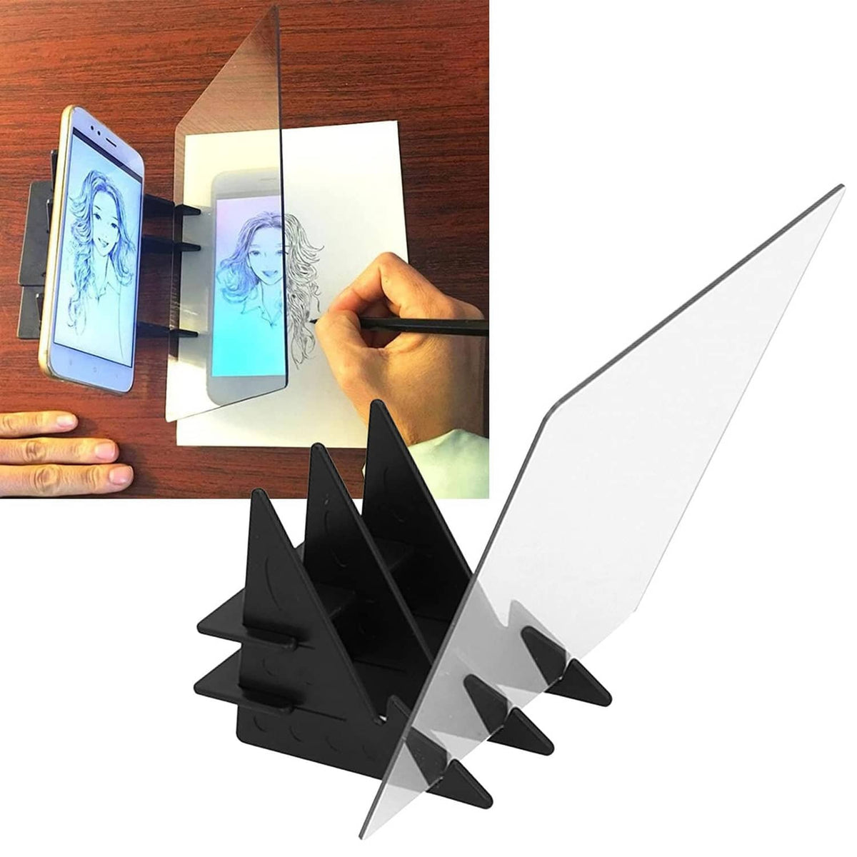 Portable optical tracing board with phone clamp stand for tracing, shown on wood desk