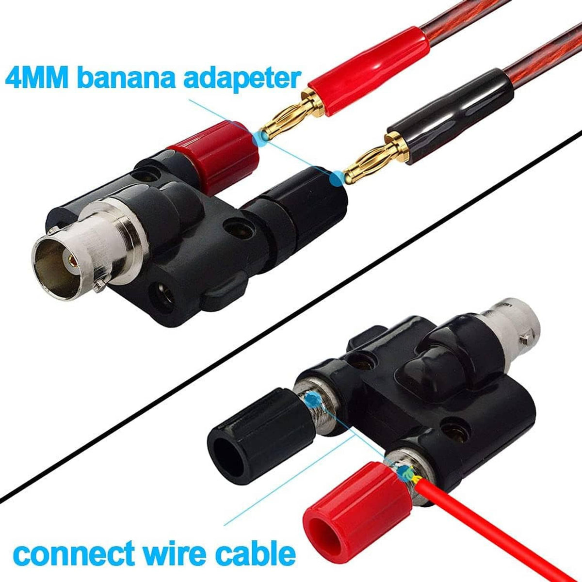 Dual BNC female to banana adapter with red/black banana plugs and two coax sockets