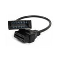 Car diagnostic adapter cable with black 12-pin and 16-pin connectors on leads