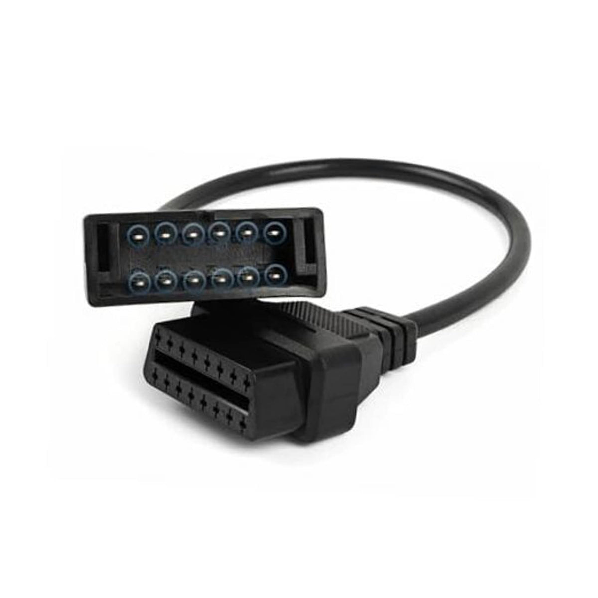 Car diagnostic adapter cable with black 12-pin and 16-pin connectors on leads