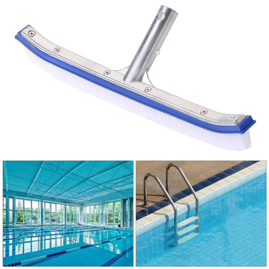 Wide pool brush head with blue strip, white bristles, and aluminum handle mount