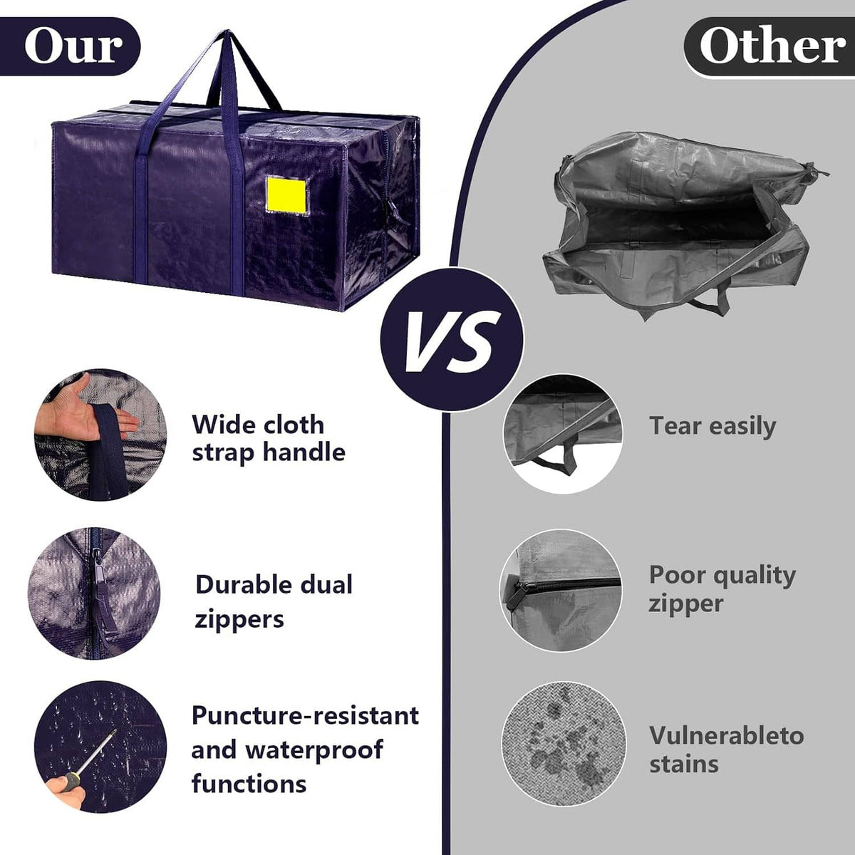 Blue moving storage bag with zipper and carry handle, compared with gray bag