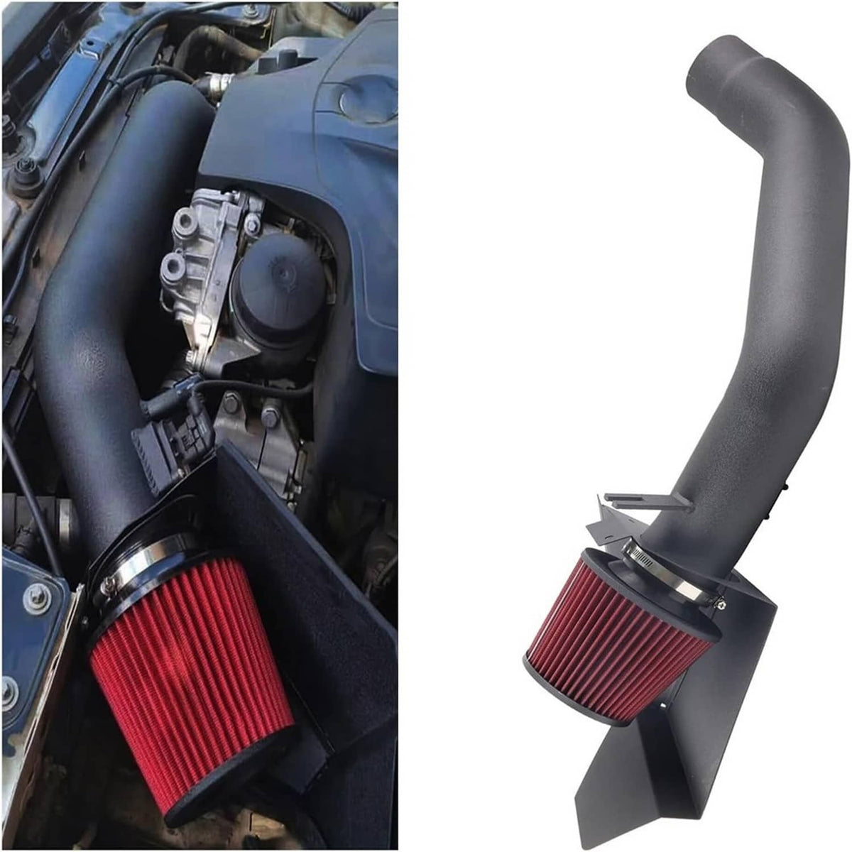 Cold air intake hose kit with red panel filter and black airbox housing