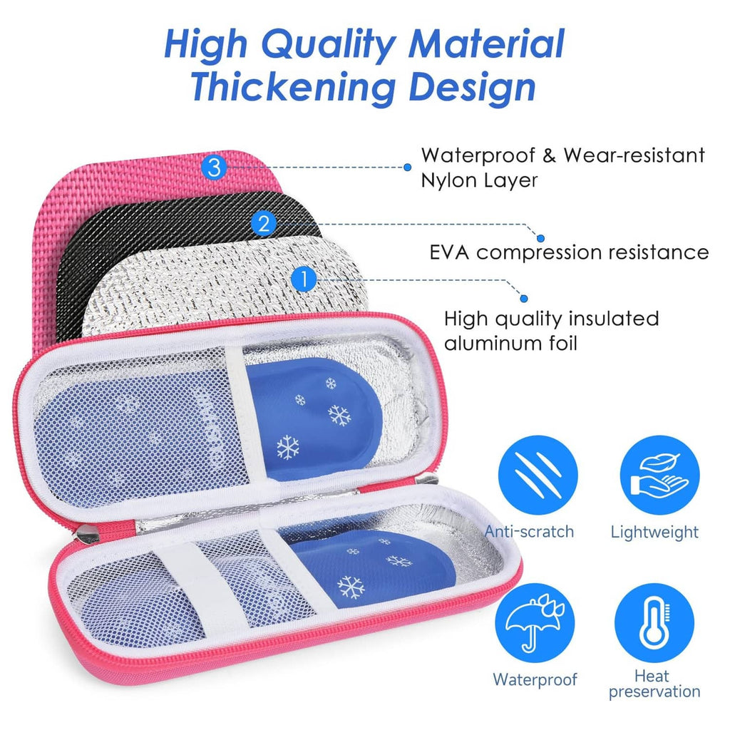 Bright pink insulated GLP-1 cooler case with layered aluminum foil and waterproof mesh lining