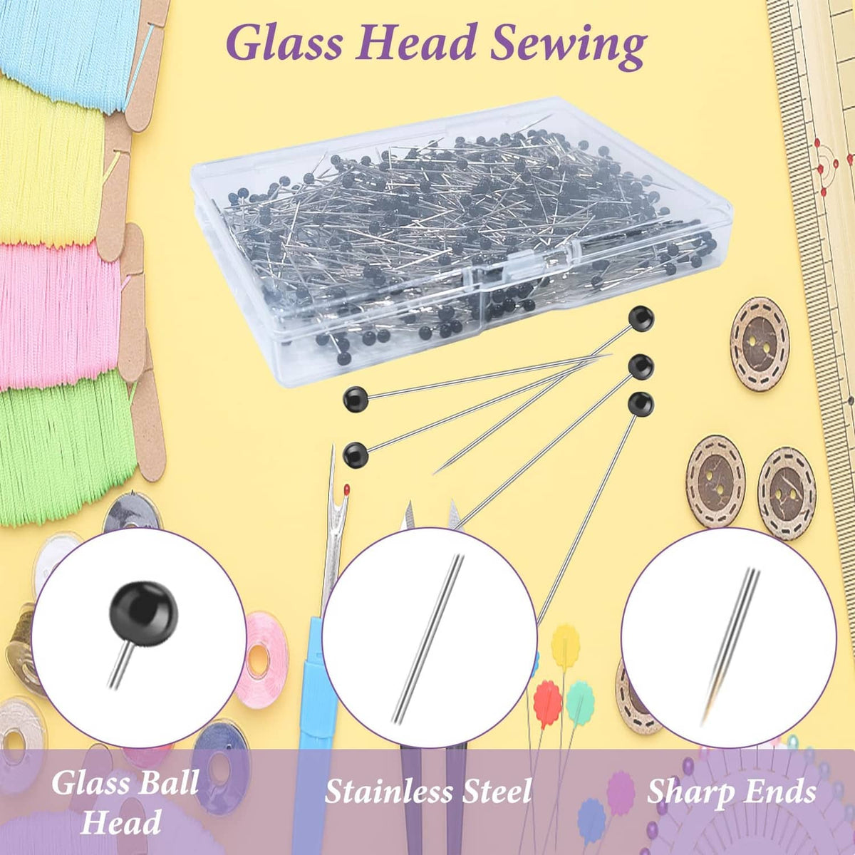 Glass-head sewing pins with black round heads and sharp metal points