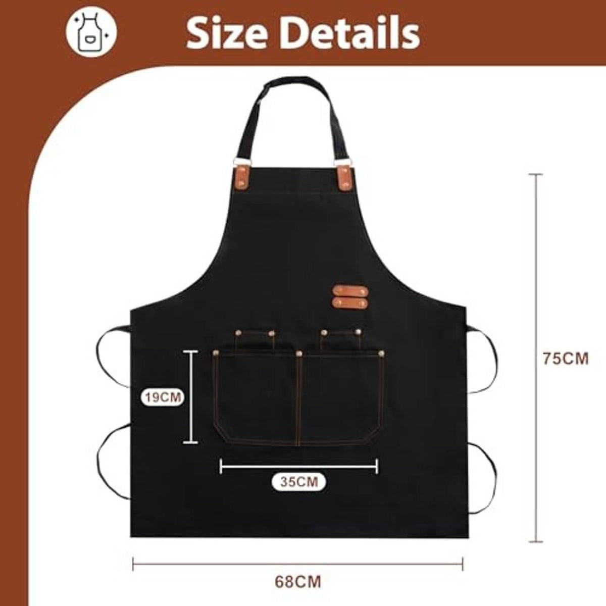 Chef apron size: 68 cm wide, 75 cm long, with front pockets and strap
