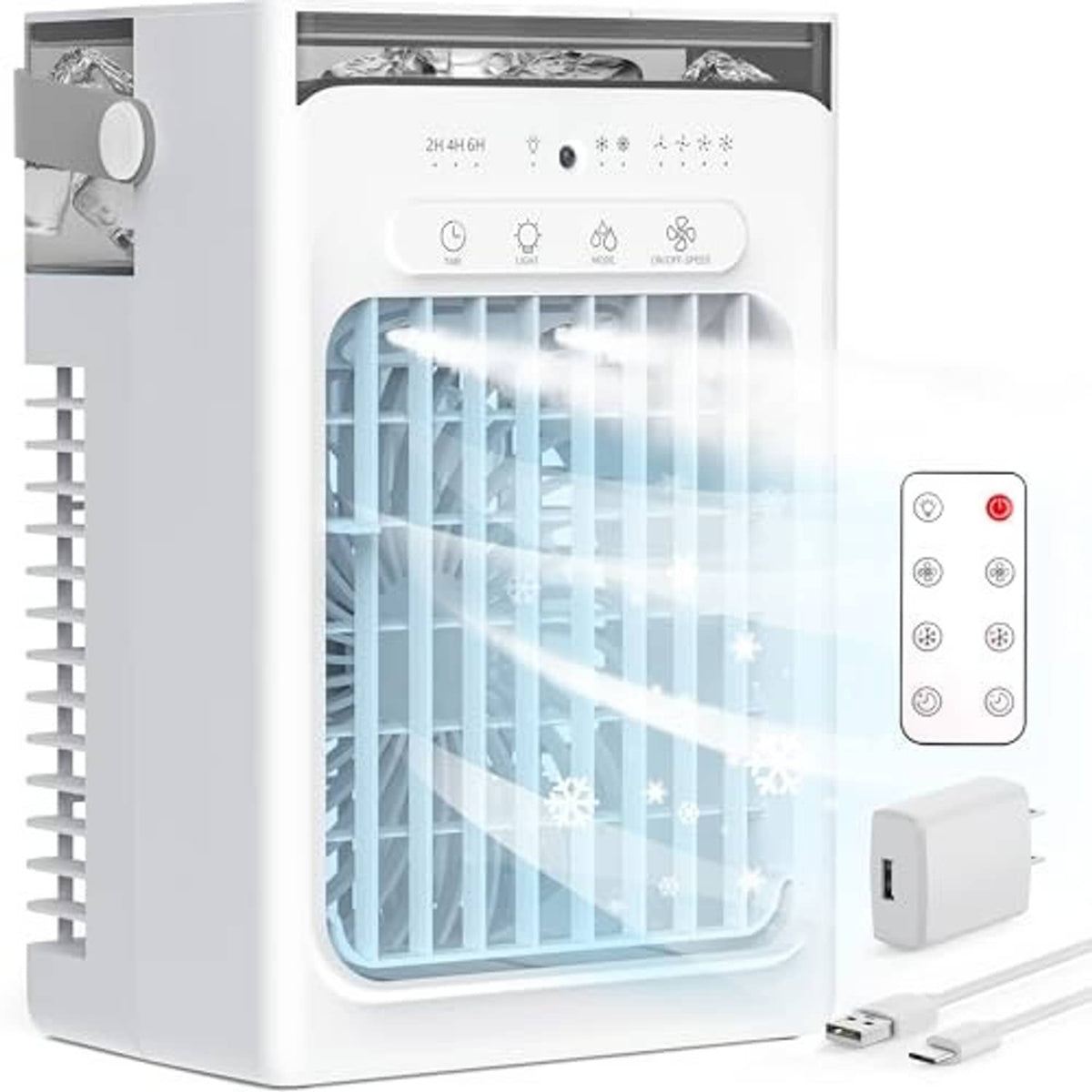 Gray personal evaporative air cooler with top vent, front grille, and control buttons